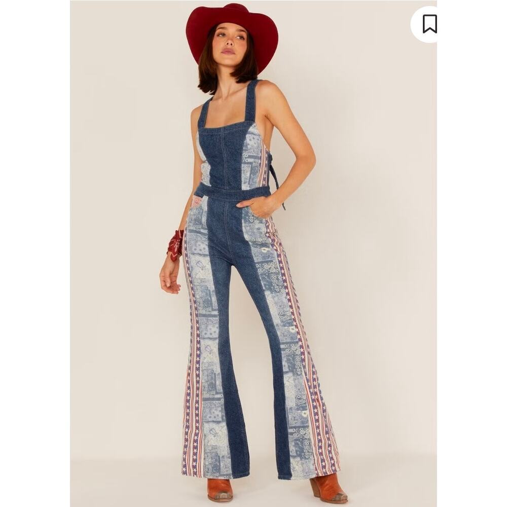 NWT Free People Dallas Americana Denim Patchwork Jumpsuit. Size 16. Ret. $248